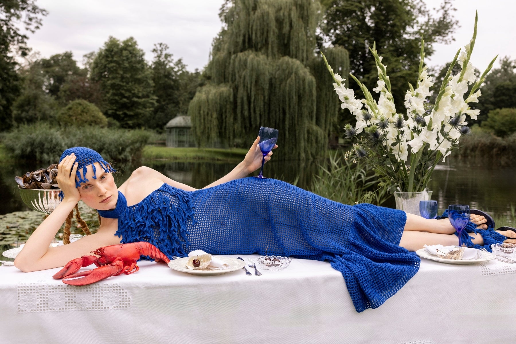 sardine dress crocheted headpiece lookbook table photoshoot slow fashion berlin Marie-Louise Müller